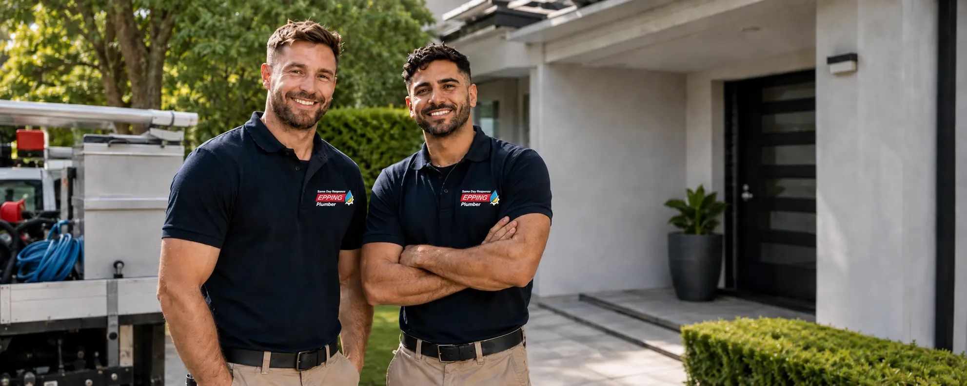 Two Epping plumbers standing in front of a local home and work vehicle
