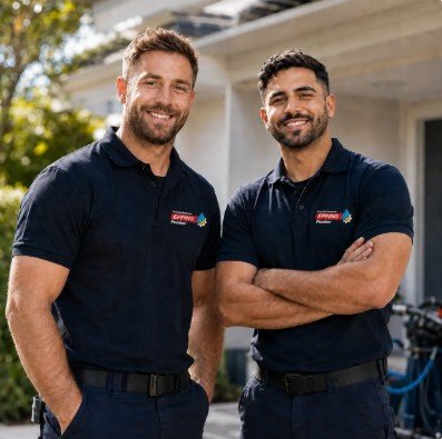 Two Epping Plumber team members outside a local home