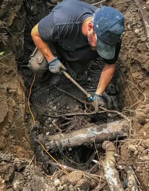 Plumber excavating beside an exposed drain pipe during a repair